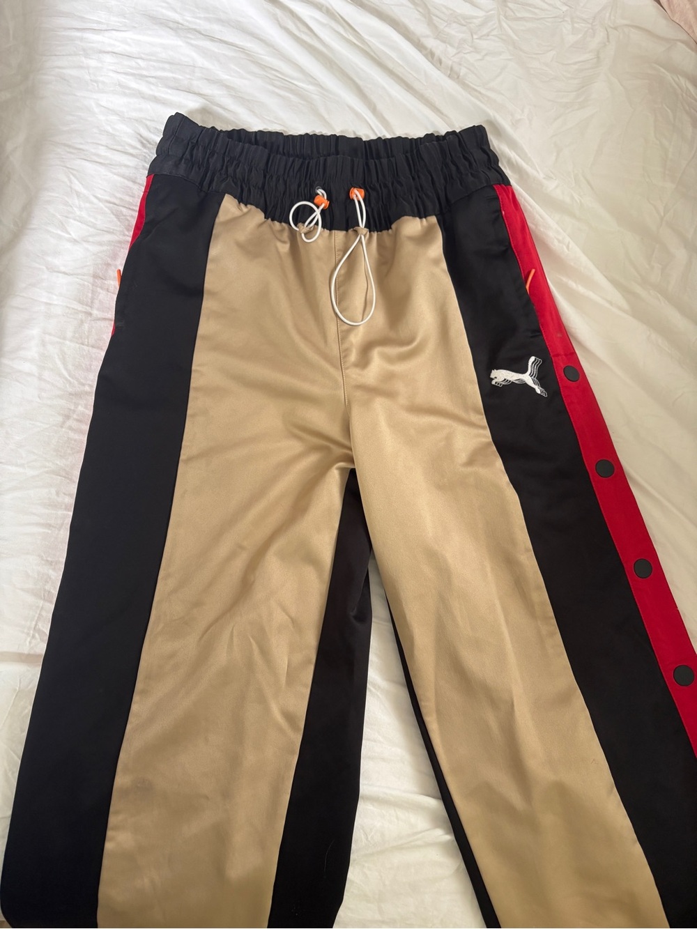 Puma Colorblock Athletic Pants in Tan, Black & Red